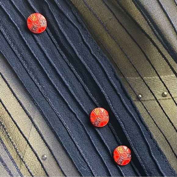 Vintage l 50s L Sheer Navy Blue Pintuck Necktie Bow Red Button Rockabilly Blouse - Picture 9 of 11